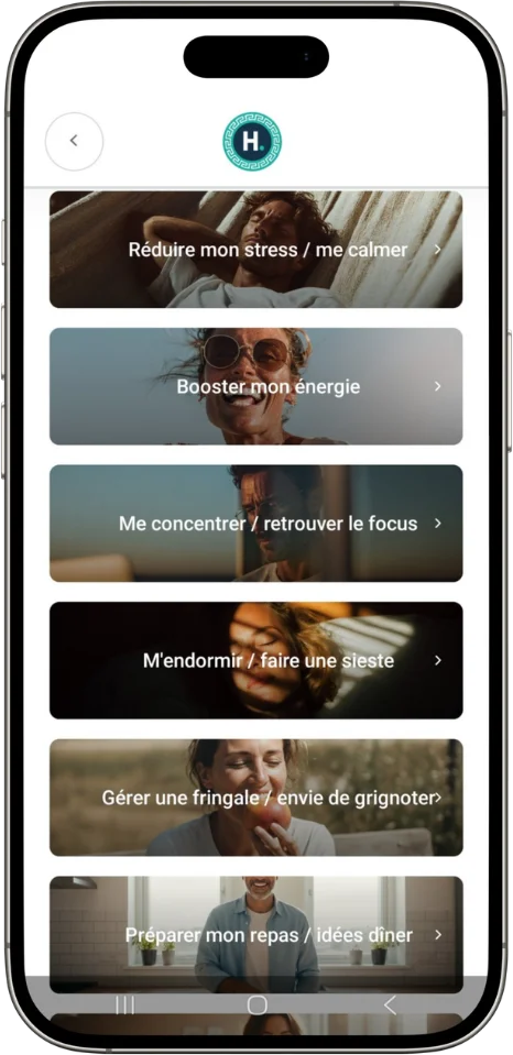 Écran de l'app Hippocrate : liste de vos moments, comme réduire le stress, booster l'énergie ou mieux dormir