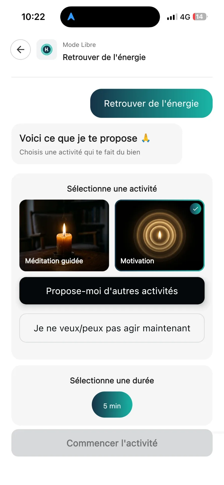 Écran de l'app Hippocrate : choix d'une activité en mode libre, durée de 5 minutes