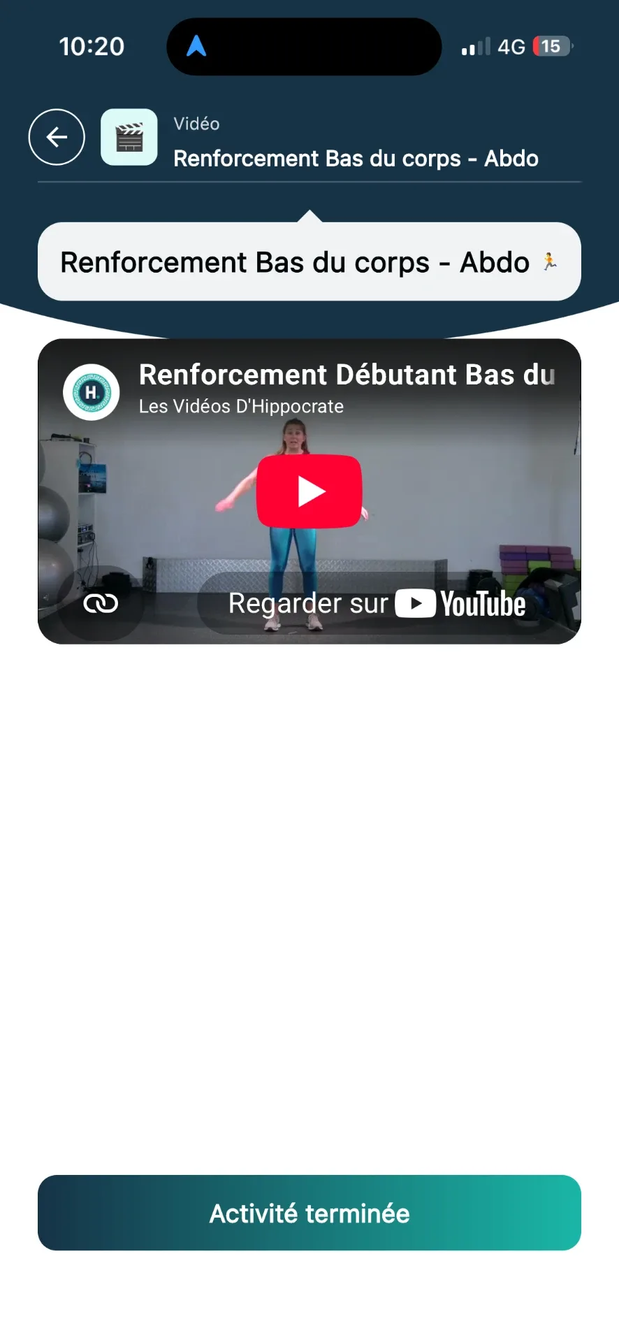 Écran de l'app Hippocrate : vidéo de renforcement expliquée par une professionnelle de santé